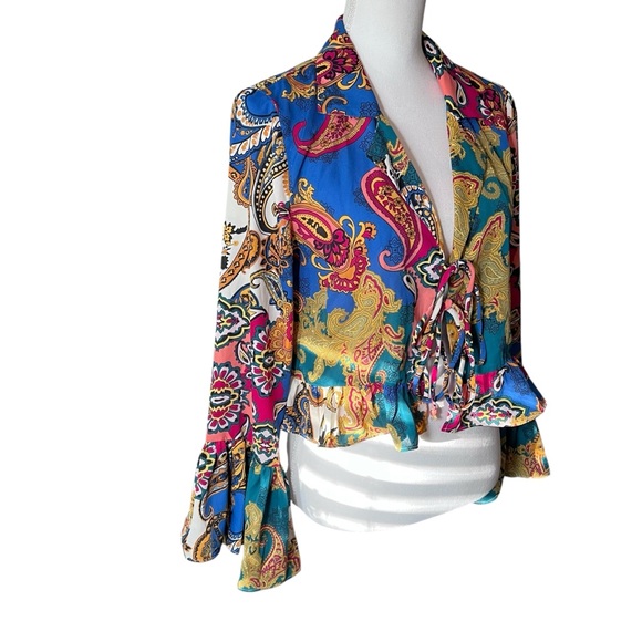 Willow & Root Mixed Paisley Print‎ Chiffon Blouse Bell Sleeves Tie Front Small - Picture 12 of 16